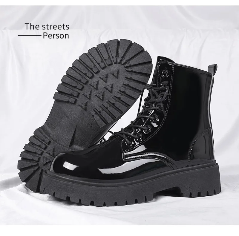 2025 New Men Black Patent Leather British Style Motorcycle Boot Couple Outdoors High Top Leather Waterproof Casual Leather Boots