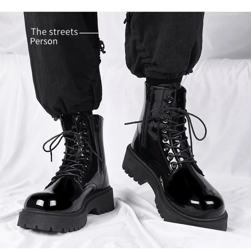 2025 New Men Black Patent Leather British Style Motorcycle Boot Couple Outdoors High Top Leather Waterproof Casual Leather Boots