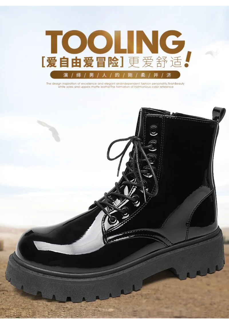 2025 New Men Black Patent Leather British Style Motorcycle Boot Couple Outdoors High Top Leather Waterproof Casual Leather Boots