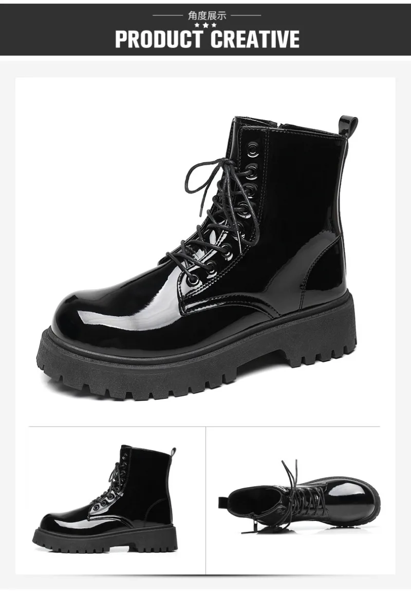 2025 New Men Black Patent Leather British Style Motorcycle Boot Couple Outdoors High Top Leather Waterproof Casual Leather Boots