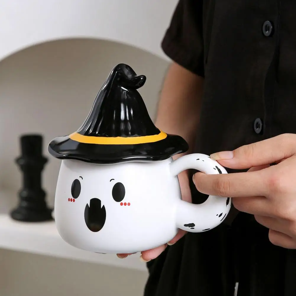 Ghost Pattern Ceramic Cup With Elf Hat Lid Halloween Theme Handmade Artwork Mug Daily Use Halloween Drinkware Party Cup Mug