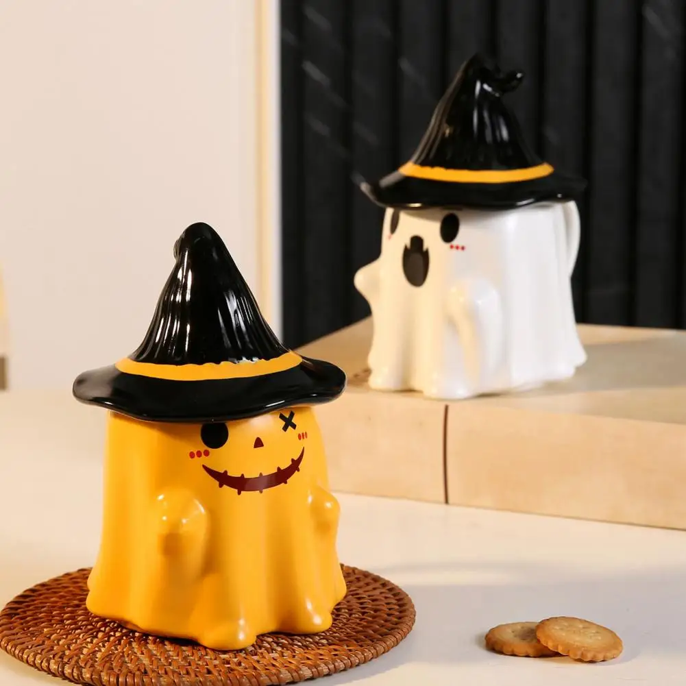 Ghost Pattern Ceramic Cup With Elf Hat Lid Halloween Theme Handmade Artwork Mug Daily Use Halloween Drinkware Party Cup Mug