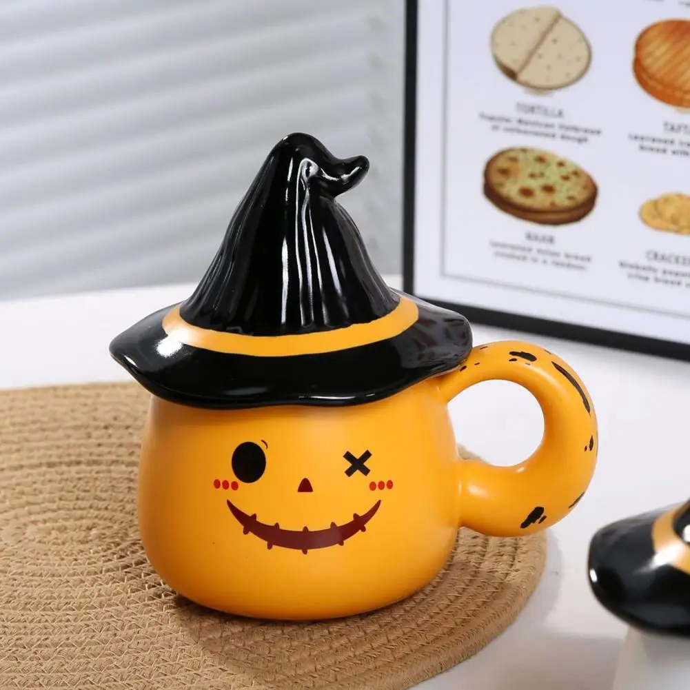 Ghost Pattern Ceramic Cup With Elf Hat Lid Halloween Theme Handmade Artwork Mug Daily Use Halloween Drinkware Party Cup Mug