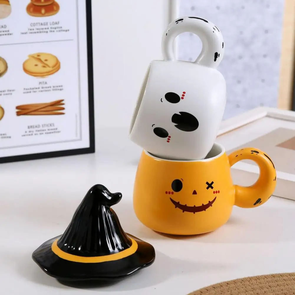 Ghost Pattern Ceramic Cup With Elf Hat Lid Halloween Theme Handmade Artwork Mug Daily Use Halloween Drinkware Party Cup Mug