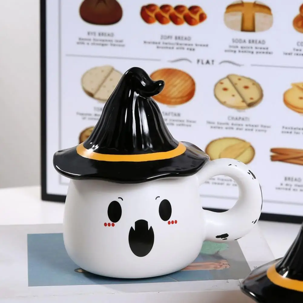 Ghost Pattern Ceramic Cup With Elf Hat Lid Halloween Theme Handmade Artwork Mug Daily Use Halloween Drinkware Party Cup Mug