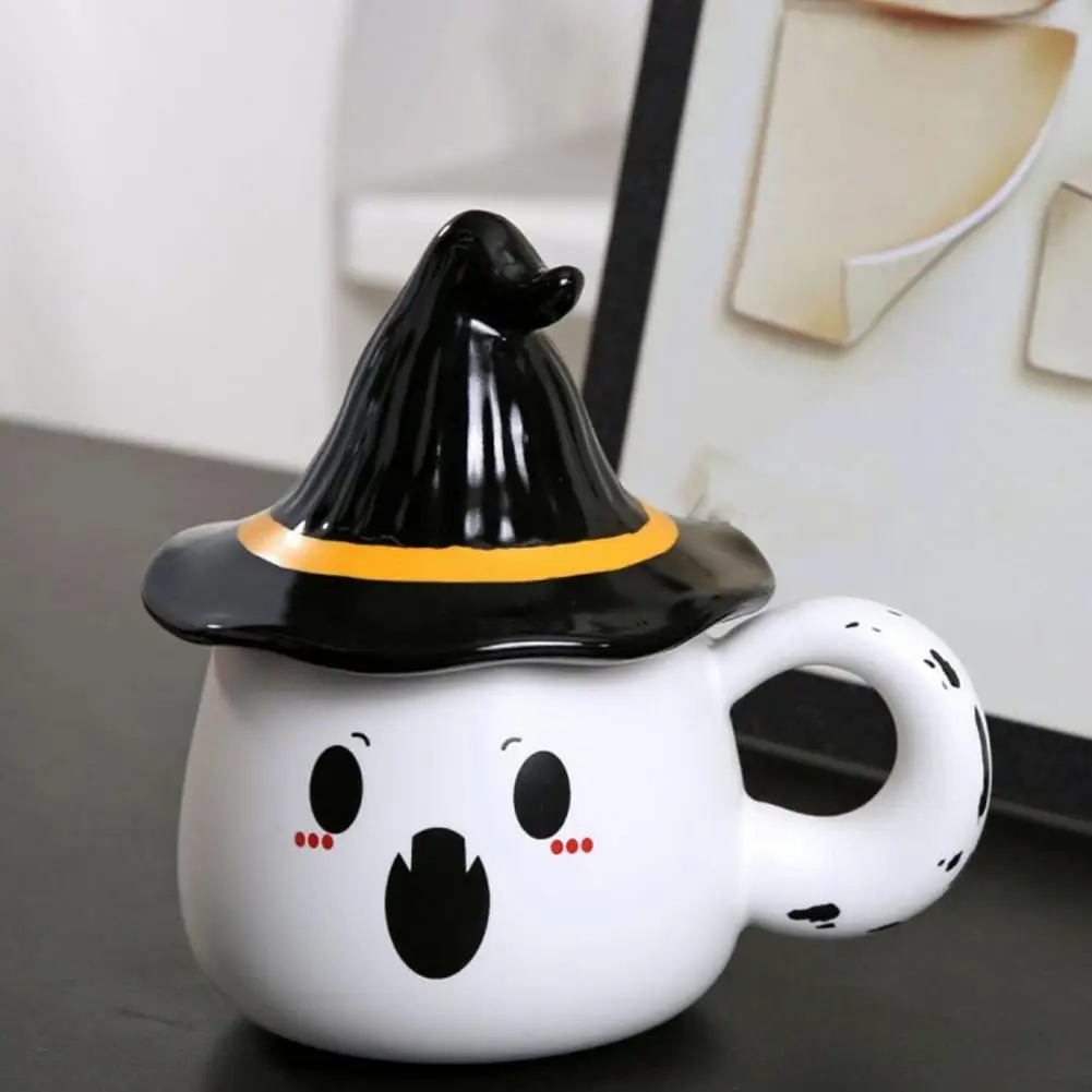Ghost Pattern Ceramic Cup With Elf Hat Lid Halloween Theme Handmade Artwork Mug Daily Use Halloween Drinkware Party Cup Mug