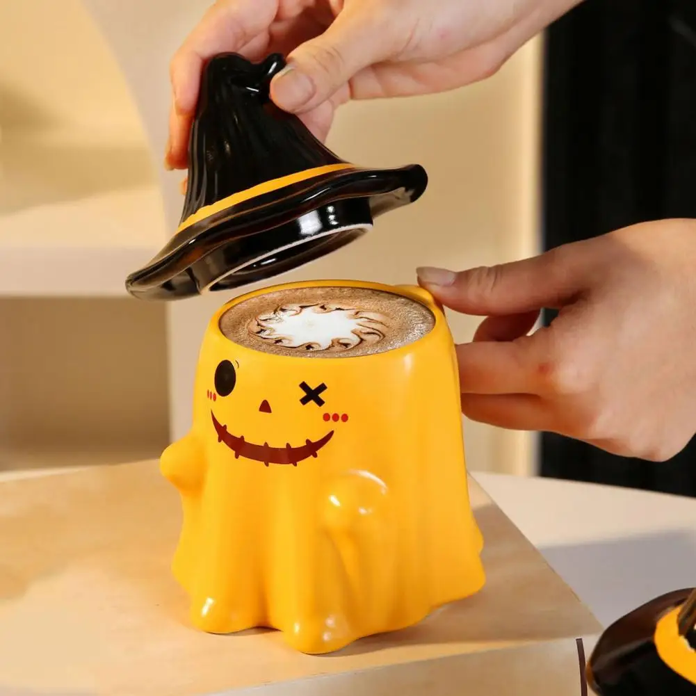 Ghost Pattern Ceramic Cup With Elf Hat Lid Halloween Theme Handmade Artwork Mug Daily Use Halloween Drinkware Party Cup Mug