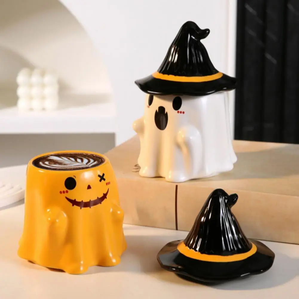 Ghost Pattern Ceramic Cup With Elf Hat Lid Halloween Theme Handmade Artwork Mug Daily Use Halloween Drinkware Party Cup Mug