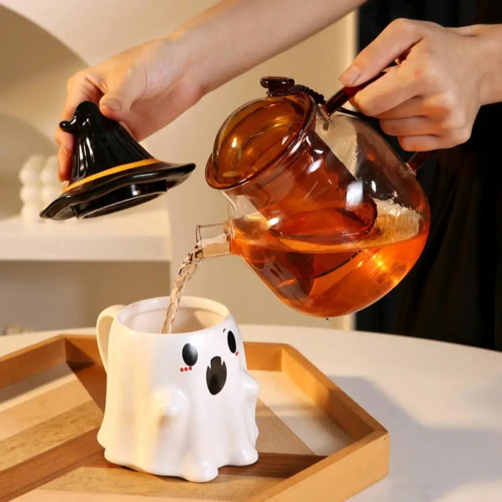 Ghost Pattern Ceramic Cup With Elf Hat Lid Halloween Theme Handmade Artwork Mug Daily Use Halloween Drinkware Party Cup Mug