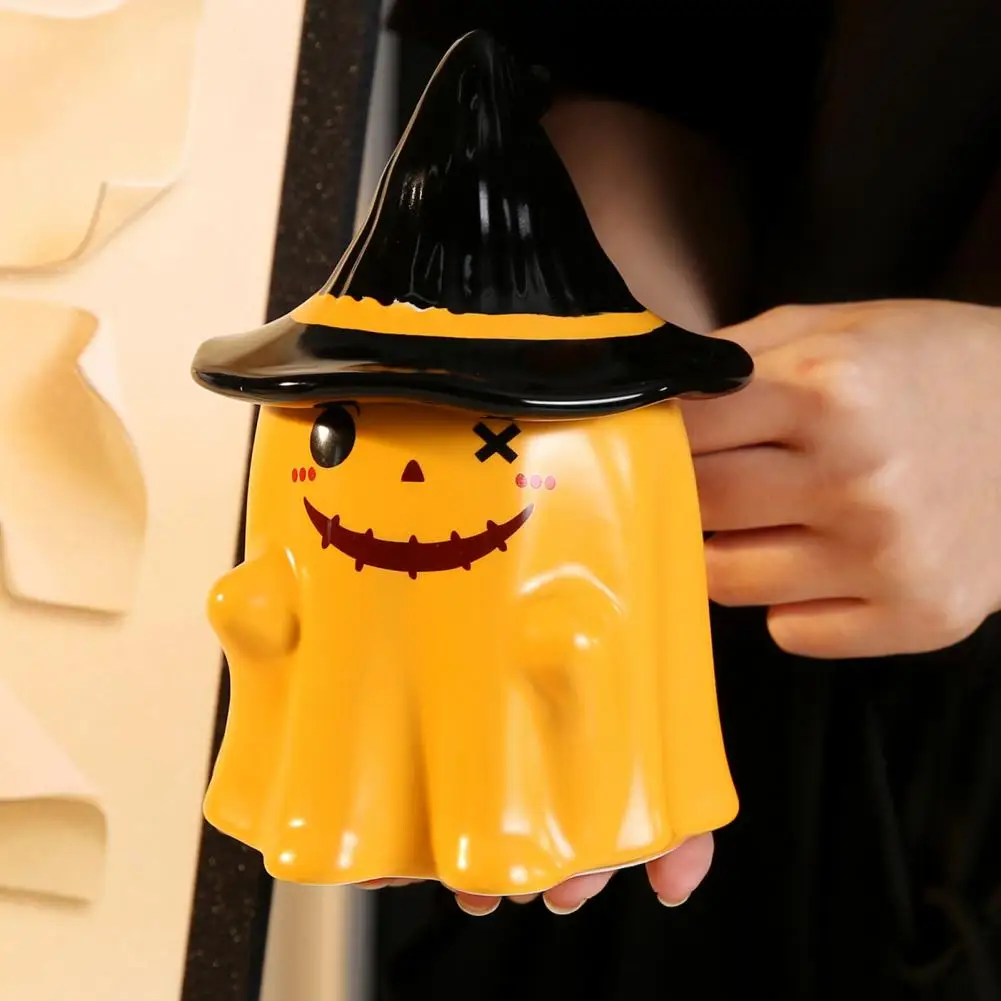 Ghost Pattern Ceramic Cup With Elf Hat Lid Halloween Theme Handmade Artwork Mug Daily Use Halloween Drinkware Party Cup Mug