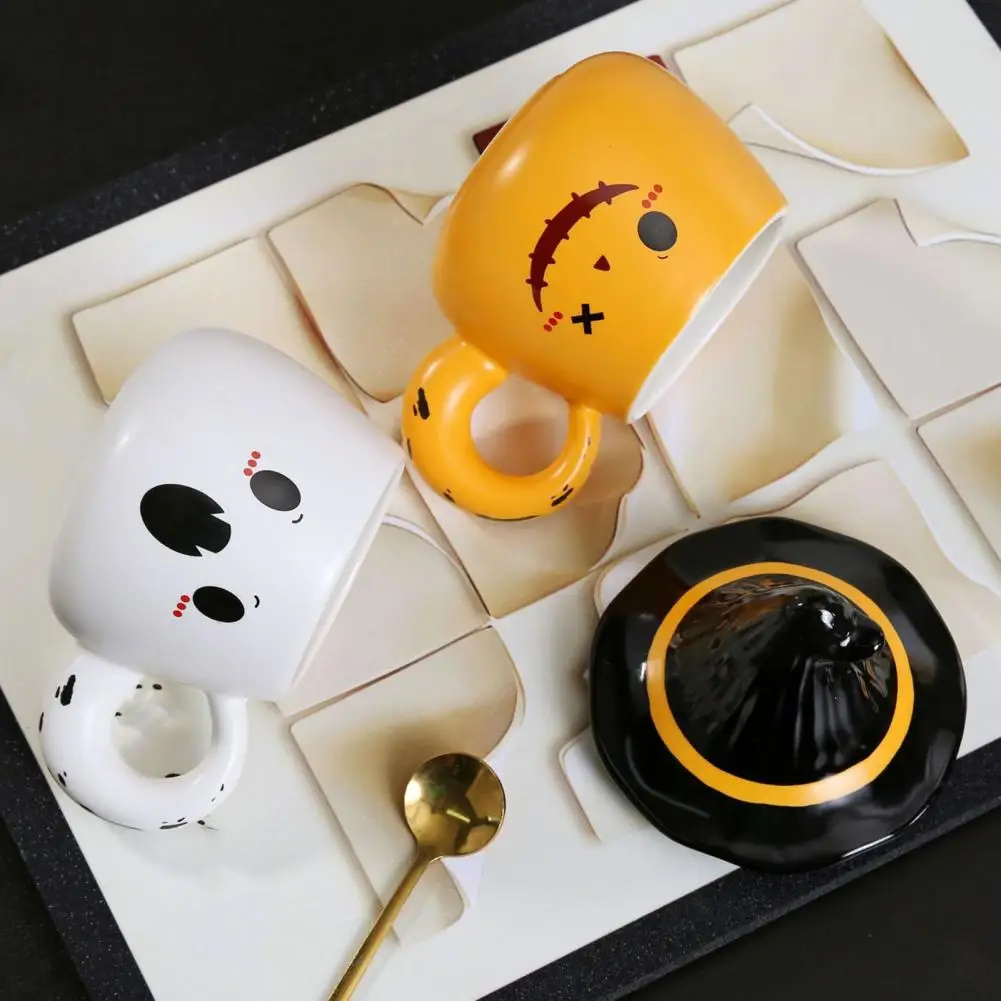 Ghost Pattern Ceramic Cup With Elf Hat Lid Halloween Theme Handmade Artwork Mug Daily Use Halloween Drinkware Party Cup Mug