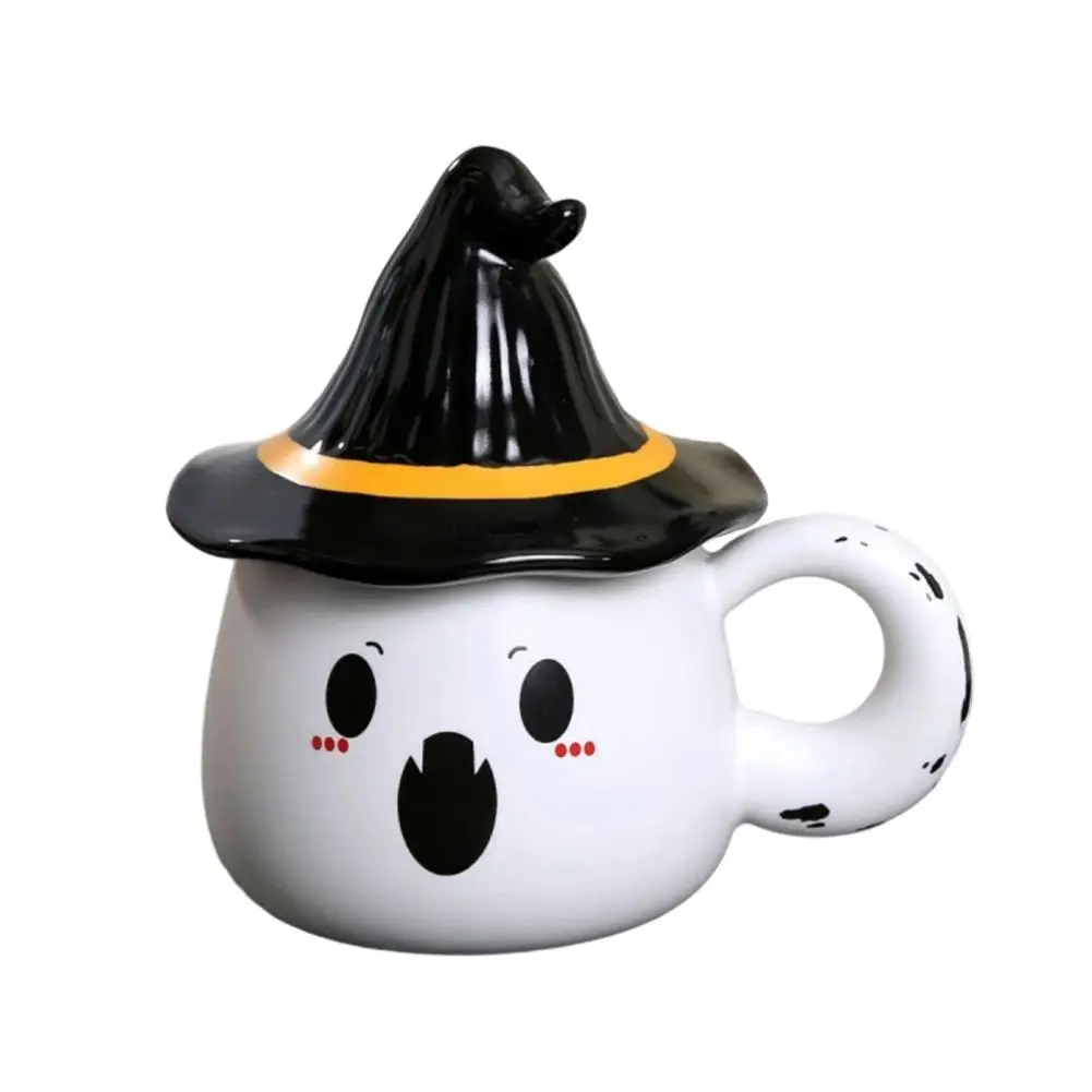 Ghost Pattern Ceramic Cup With Elf Hat Lid Halloween Theme Handmade Artwork Mug Daily Use Halloween Drinkware Party Cup Mug
