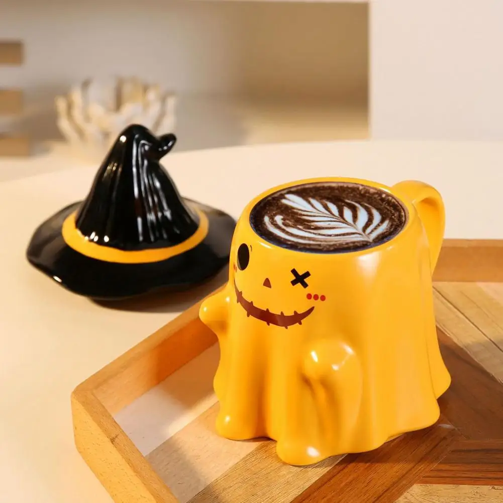 Ghost Pattern Ceramic Cup With Elf Hat Lid Halloween Theme Handmade Artwork Mug Daily Use Halloween Drinkware Party Cup Mug