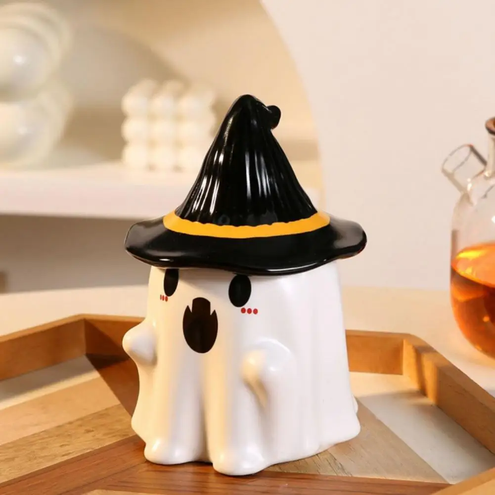 Ghost Pattern Ceramic Cup With Elf Hat Lid Halloween Theme Handmade Artwork Mug Daily Use Halloween Drinkware Party Cup Mug