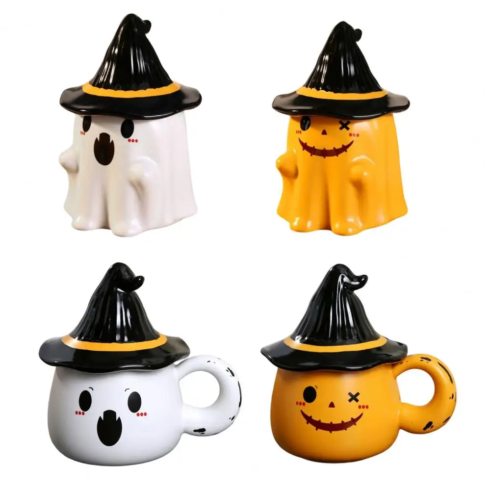 Ghost Pattern Ceramic Cup With Elf Hat Lid Halloween Theme Handmade Artwork Mug Daily Use Halloween Drinkware Party Cup Mug