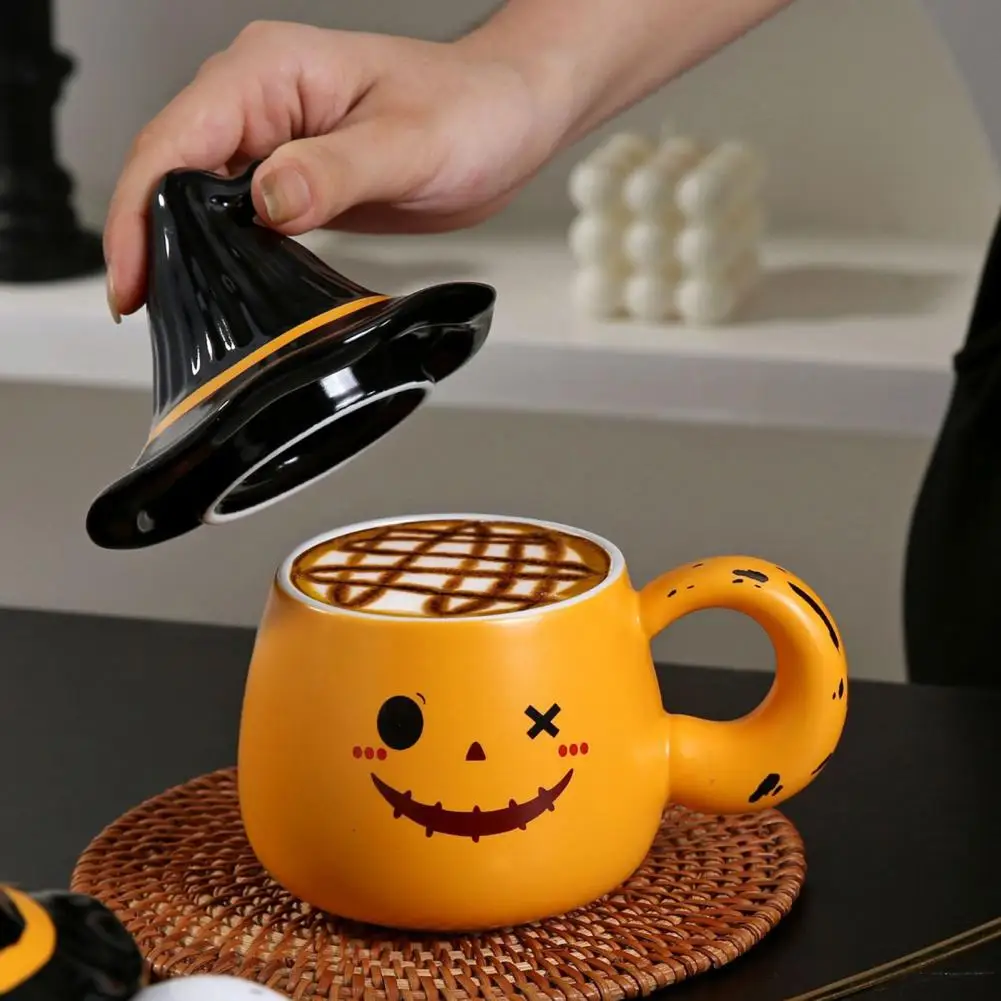 Ghost Pattern Ceramic Cup With Elf Hat Lid Halloween Theme Handmade Artwork Mug Daily Use Halloween Drinkware Party Cup Mug