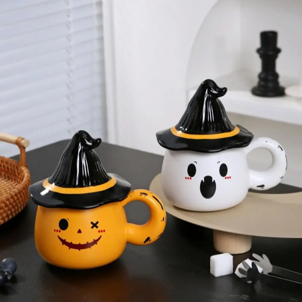 Ghost Pattern Ceramic Cup With Elf Hat Lid Halloween Theme Handmade Artwork Mug Daily Use Halloween Drinkware Party Cup Mug