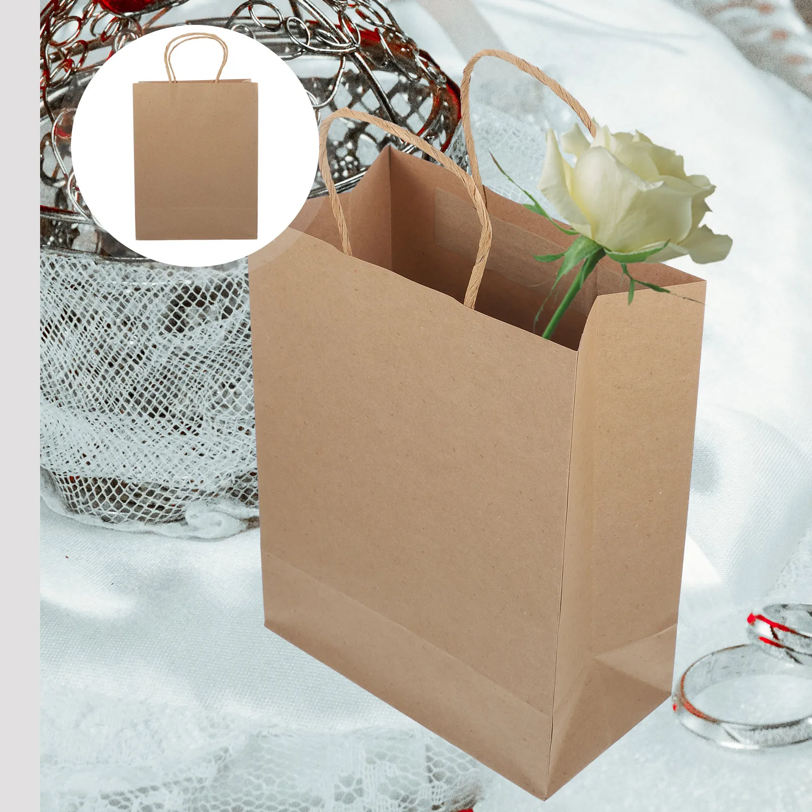 2030775-gyk270.jpg 12pcs Paper 21x27x11cm Brown H les Lightweight Gift Shopping Party Favor Brown Paper Gift Bags Bags Storage Packing - Image 3