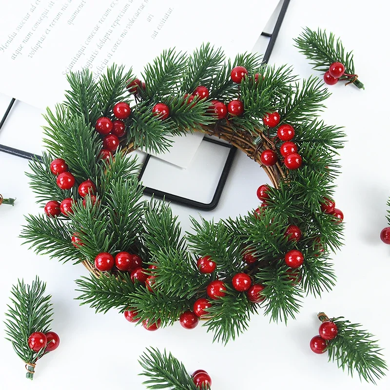 10pcs Christmas Red Berry Pine Cone Holly Branches Artificial Pine Needles Xmas Tree Ornament Home Decoration DIY Wreath Gift