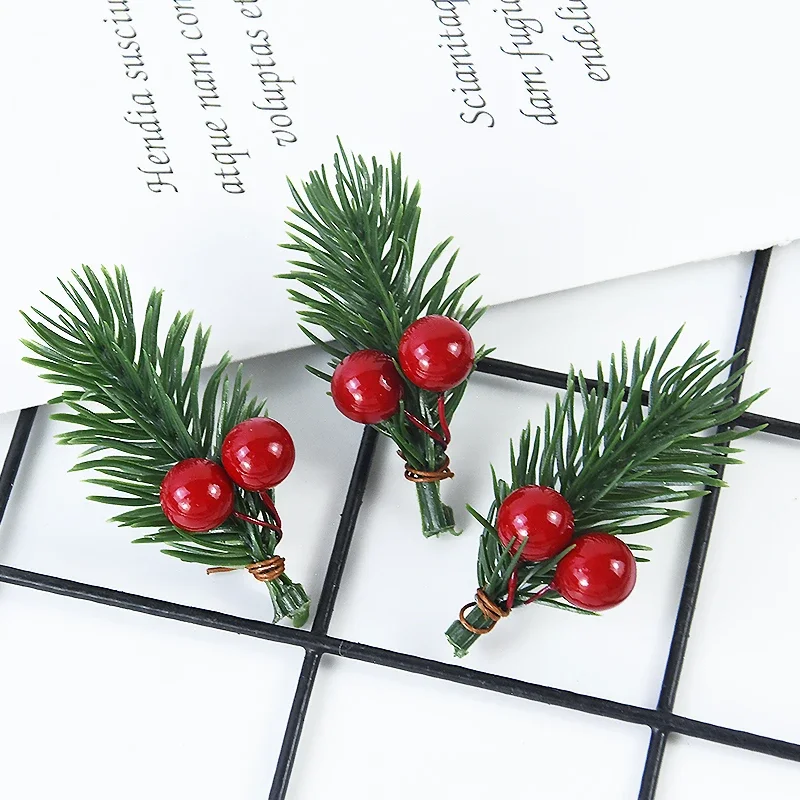10pcs Christmas Red Berry Pine Cone Holly Branches Artificial Pine Needles Xmas Tree Ornament Home Decoration DIY Wreath Gift