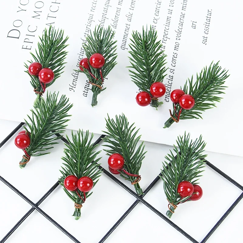 10pcs Christmas Red Berry Pine Cone Holly Branches Artificial Pine Needles Xmas Tree Ornament Home Decoration DIY Wreath Gift