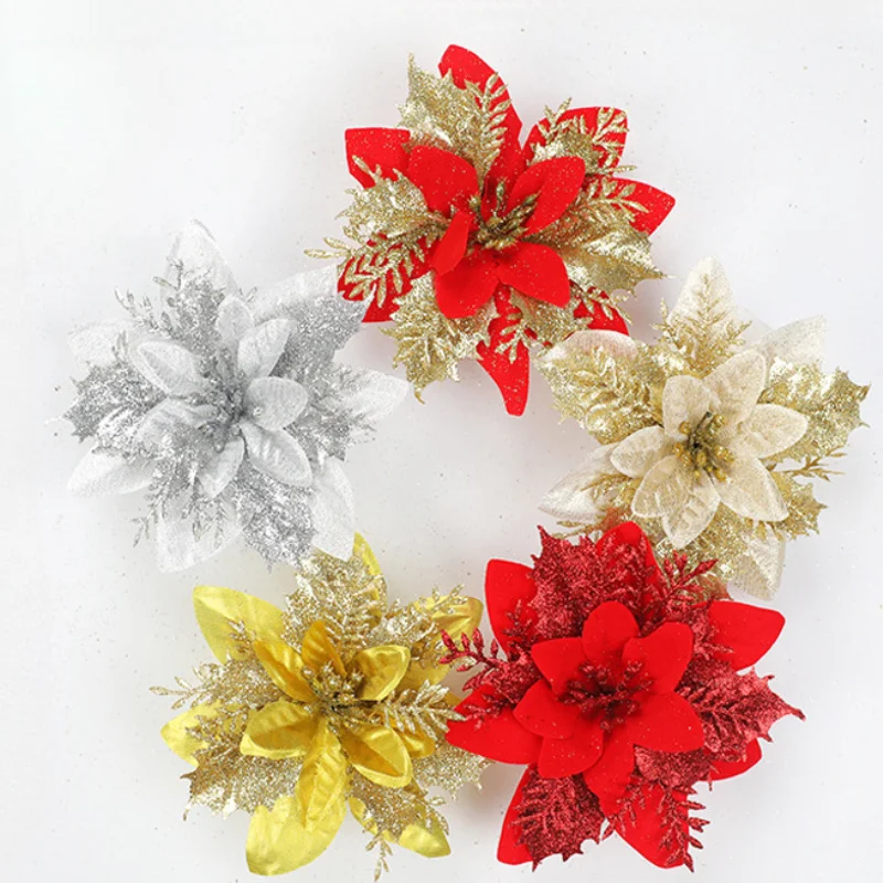 Glitter Artificial Christmas Flowers Xmas Tree Ornaments Merry Christmas Decorations for Home New Year Gifts