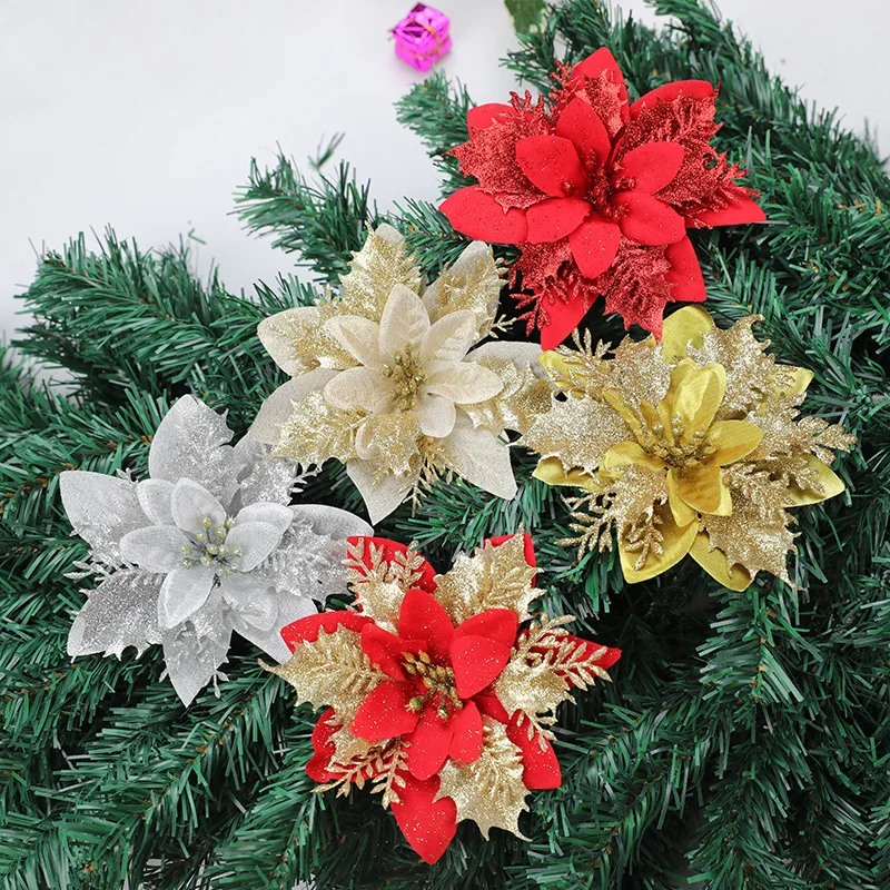 Glitter Artificial Christmas Flowers Xmas Tree Ornaments Merry Christmas Decorations for Home New Year Gifts