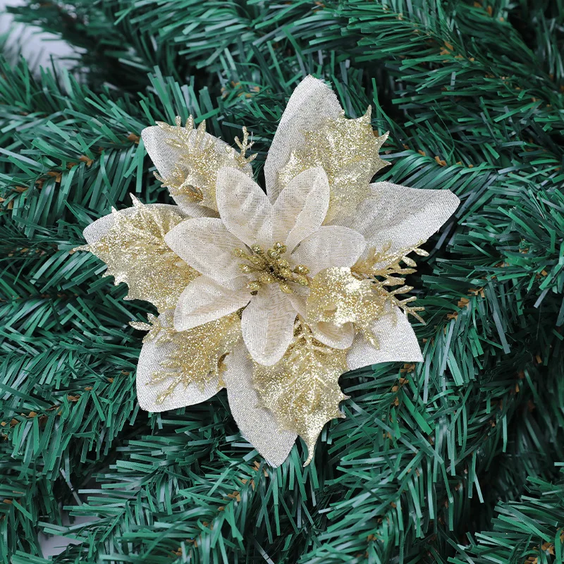 Glitter Artificial Christmas Flowers Xmas Tree Ornaments Merry Christmas Decorations for Home New Year Gifts