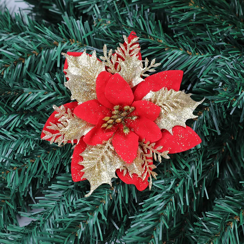 Glitter Artificial Christmas Flowers Xmas Tree Ornaments Merry Christmas Decorations for Home New Year Gifts