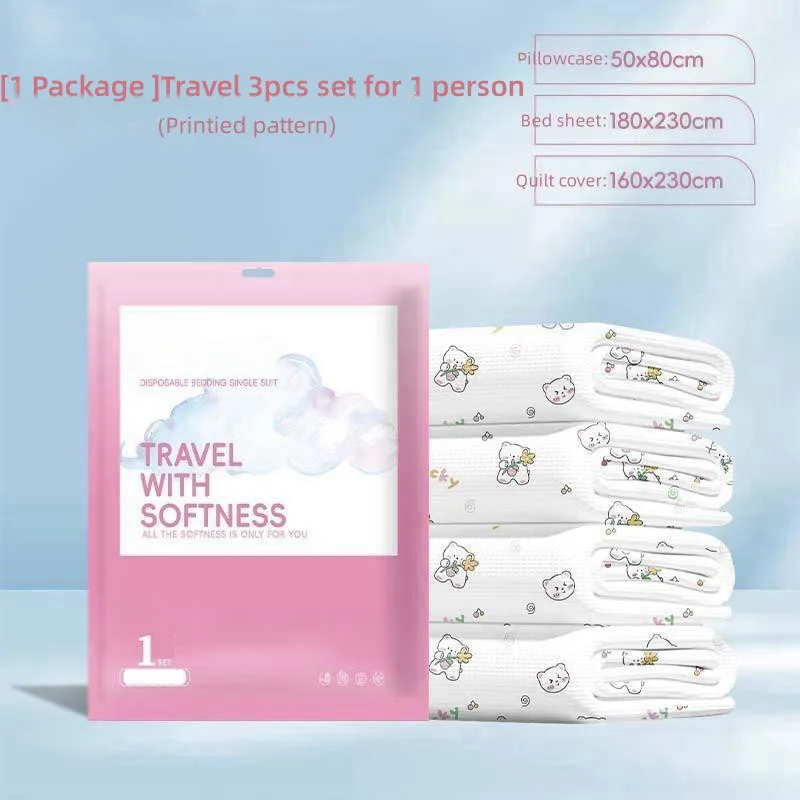 Thickened Disposable Bed Sheets Set, Duvet Covers, Pillowcases, Skin Friendly Material, Cartoon Print, Hotel Travel