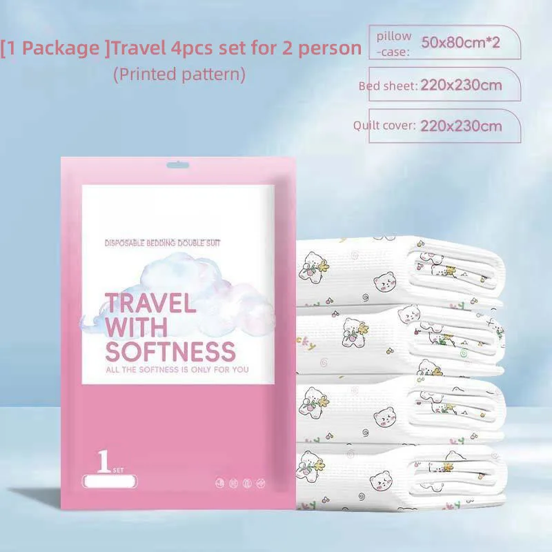 Thickened Disposable Bed Sheets Set, Duvet Covers, Pillowcases, Skin Friendly Material, Cartoon Print, Hotel Travel