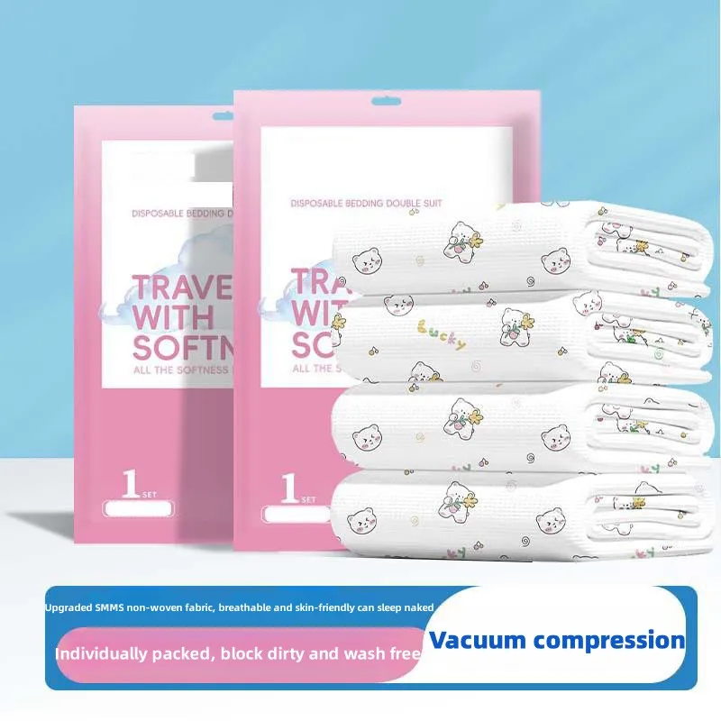 Thickened Disposable Bed Sheets Set, Duvet Covers, Pillowcases, Skin Friendly Material, Cartoon Print, Hotel Travel