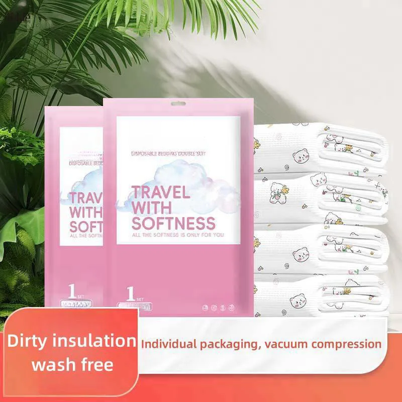 Thickened Disposable Bed Sheets Set, Duvet Covers, Pillowcases, Skin Friendly Material, Cartoon Print, Hotel Travel