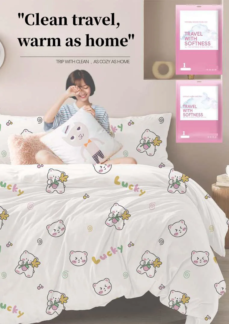 Thickened Disposable Bed Sheets Set, Duvet Covers, Pillowcases, Skin Friendly Material, Cartoon Print, Hotel Travel