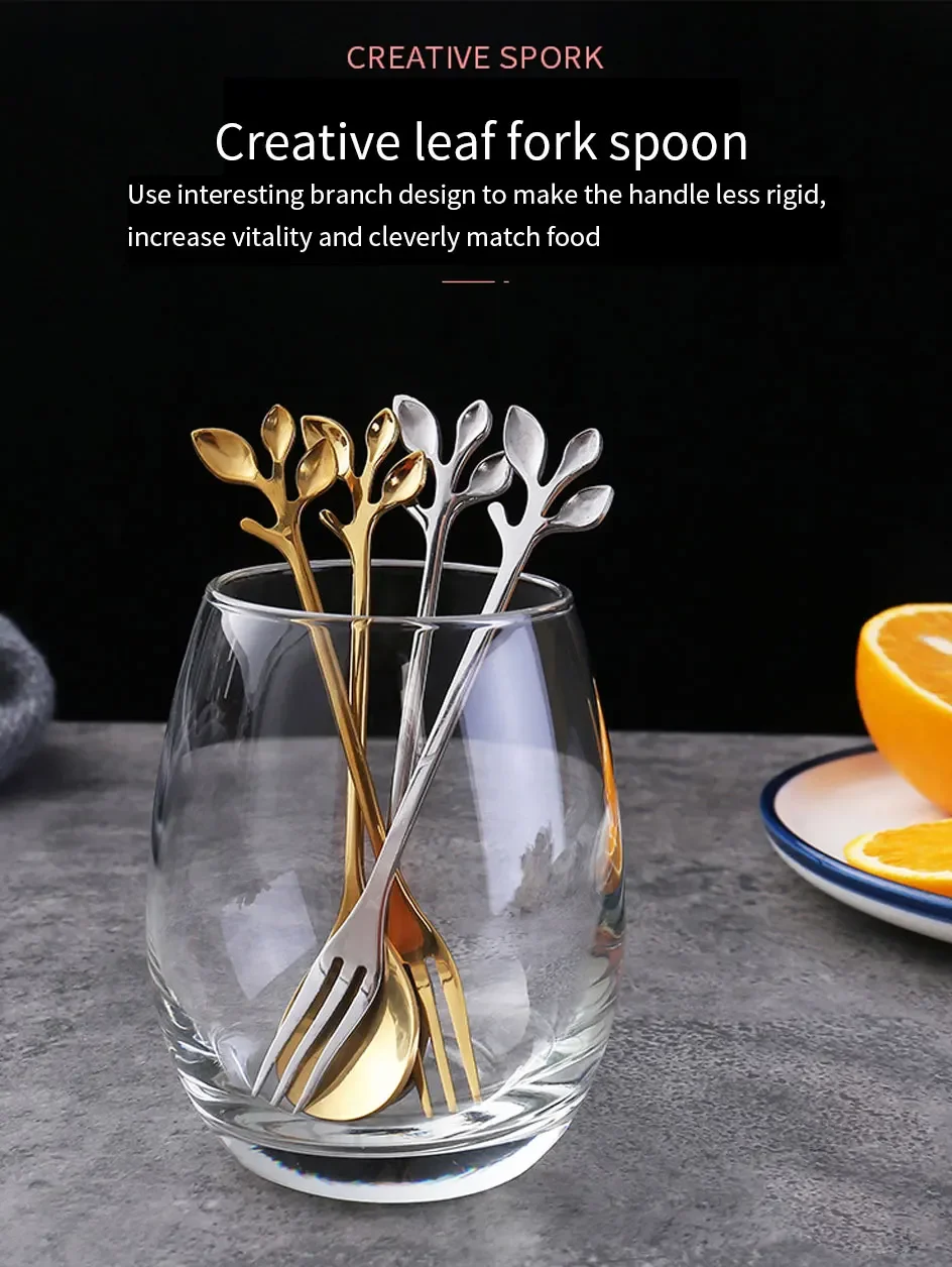 Creative Stainless Steel Leaves Spoon Fruit Fork/Coffee Spoon/Dessert Ice Cream Scoop Kitchen Accessories Tableware Decoration