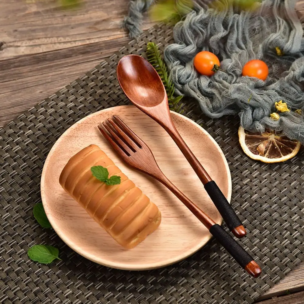 New Natural Wooden Spoon Wooden Fork Rice Soups Spoon Utensil Cereal Fork Spoon Dinnerware Cutlery Cookware Kitchen Accessories
