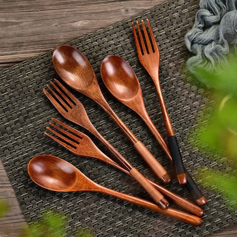 New Natural Wooden Spoon Wooden Fork Rice Soups Spoon Utensil Cereal Fork Spoon Dinnerware Cutlery Cookware Kitchen Accessories