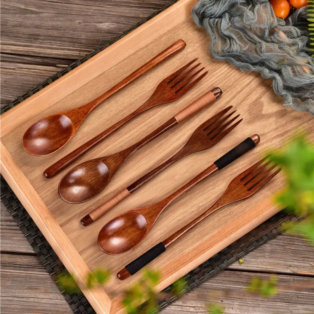 New Natural Wooden Spoon Wooden Fork Rice Soups Spoon Utensil Cereal Fork Spoon Dinnerware Cutlery Cookware Kitchen Accessories