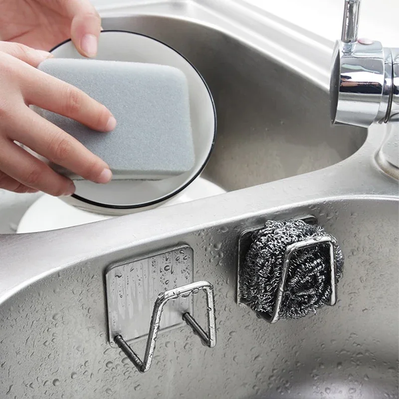 Kitchen Accessories Stainless Steel Sponge Holder Spoon Holder Pot Clips Self Adhesive Kitchen Storage Organizer Kitchen Gadgets