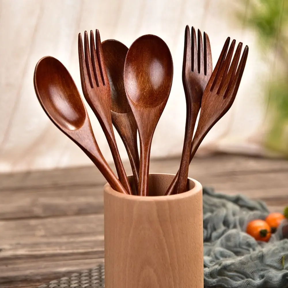 New Wooden Spoon Wooden Fork Utensil Cereal Fork Kitchen Accessories Kitchen Spoon Fork Dinnerware Cutlery Rice Soups Spoon