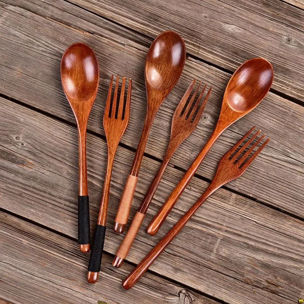 New Wooden Spoon Wooden Fork Utensil Cereal Fork Kitchen Accessories Kitchen Spoon Fork Dinnerware Cutlery Rice Soups Spoon