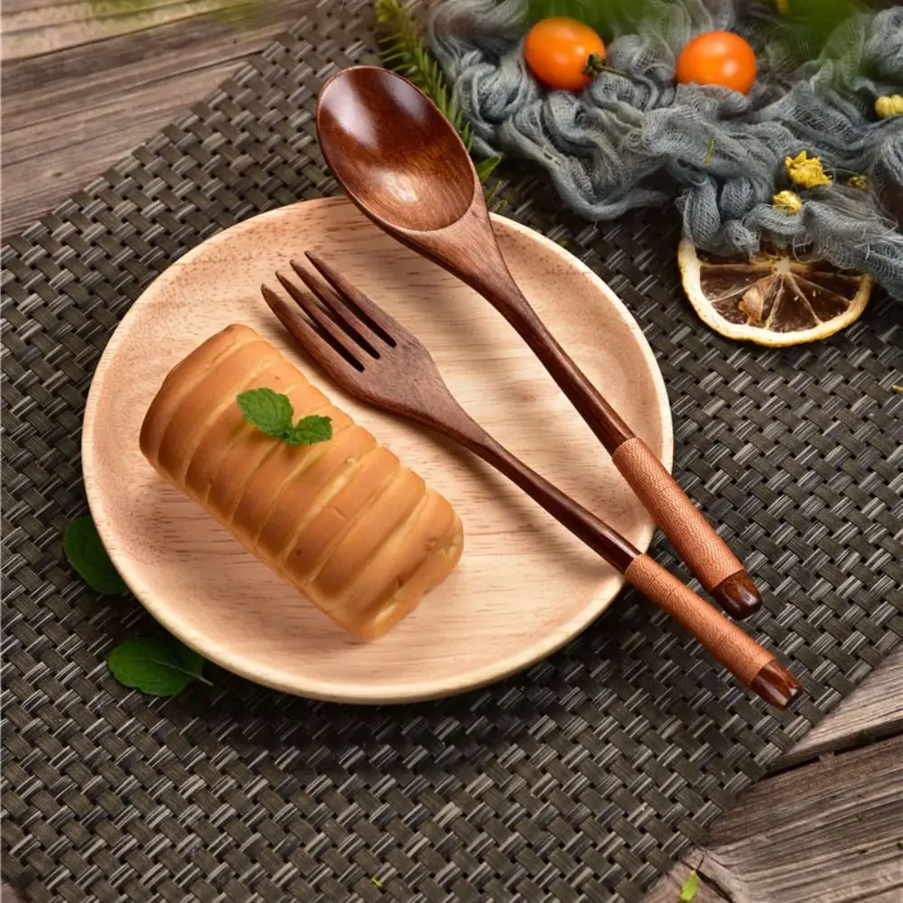 New Wooden Spoon Wooden Fork Utensil Cereal Fork Kitchen Accessories Kitchen Spoon Fork Dinnerware Cutlery Rice Soups Spoon