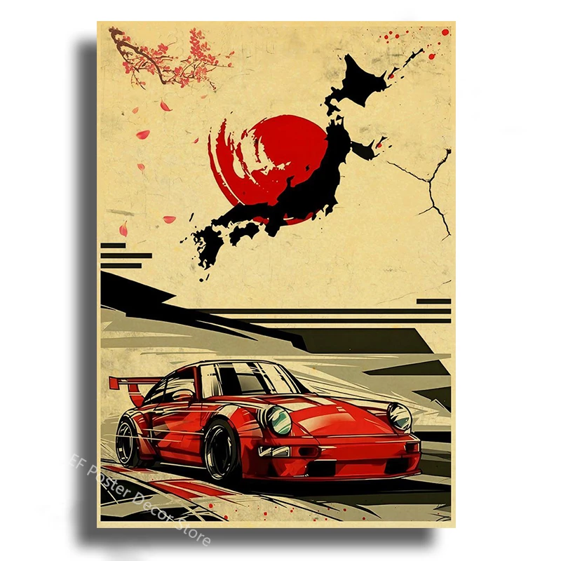 Japanese Cars Samurai Poster Painting Japan Racing Home Club Decor Wall Picture Vintage Aesthetic Jdm Car Gtr Anime Moon Printis