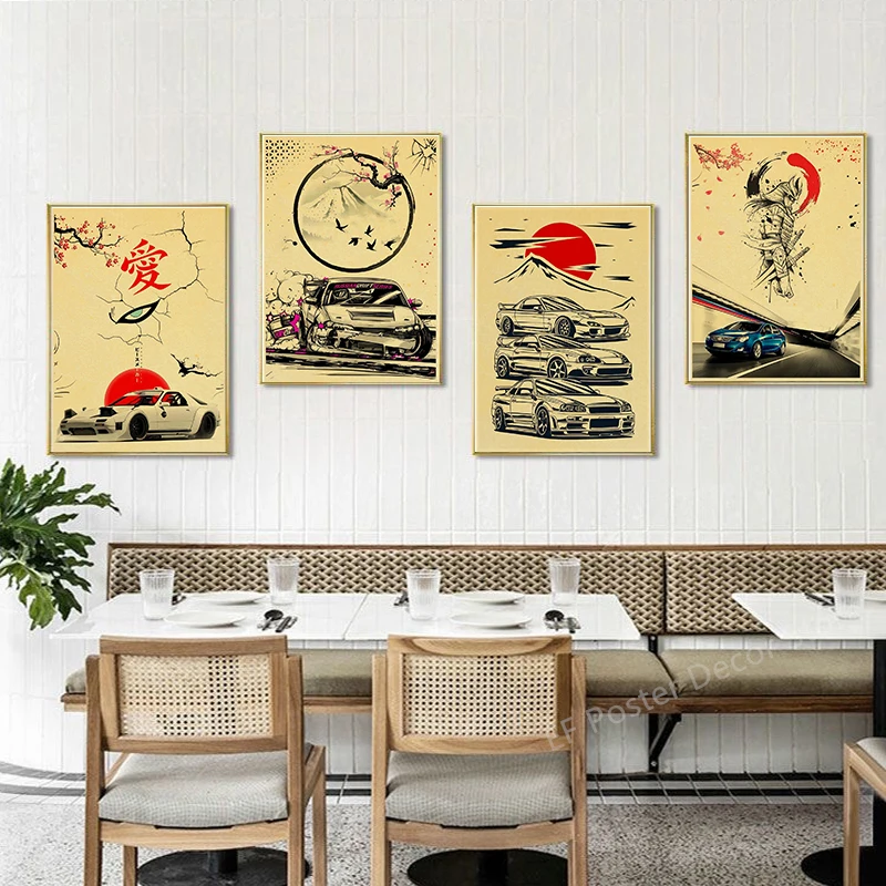 Japanese Cars Samurai Poster Painting Japan Racing Home Club Decor Wall Picture Vintage Aesthetic Jdm Car Gtr Anime Moon Printis