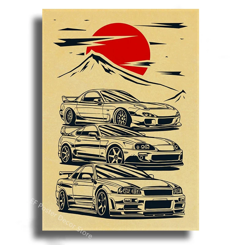 Japanese Cars Samurai Poster Painting Japan Racing Home Club Decor Wall Picture Vintage Aesthetic Jdm Car Gtr Anime Moon Printis