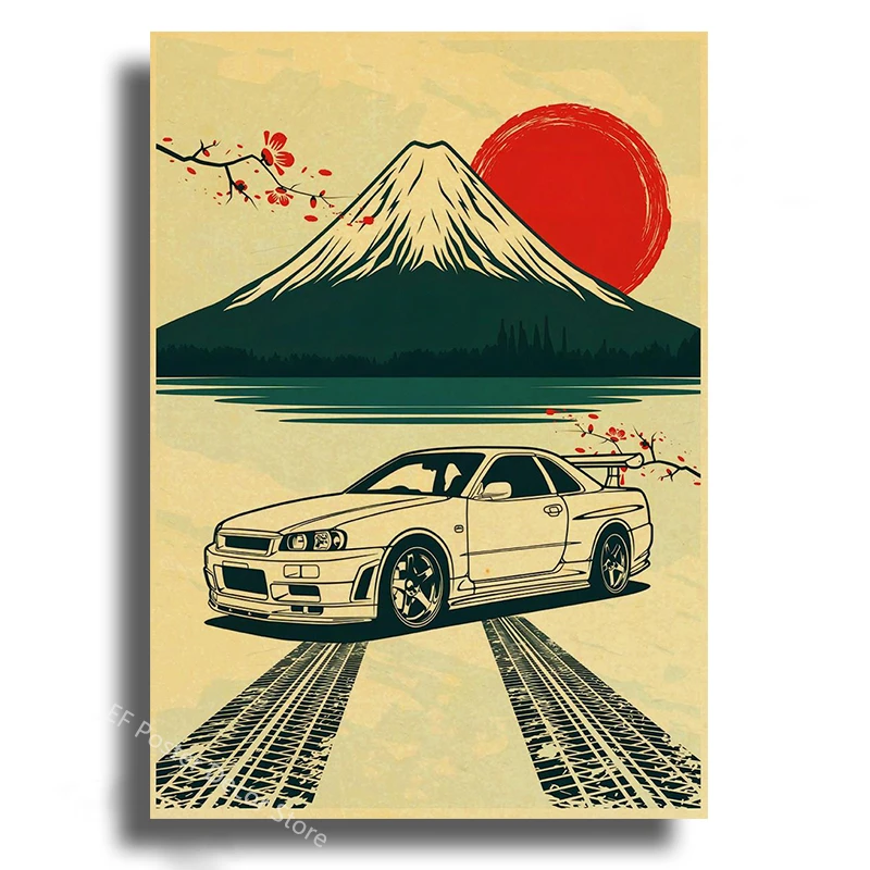 Japanese Cars Samurai Poster Painting Japan Racing Home Club Decor Wall Picture Vintage Aesthetic Jdm Car Gtr Anime Moon Printis