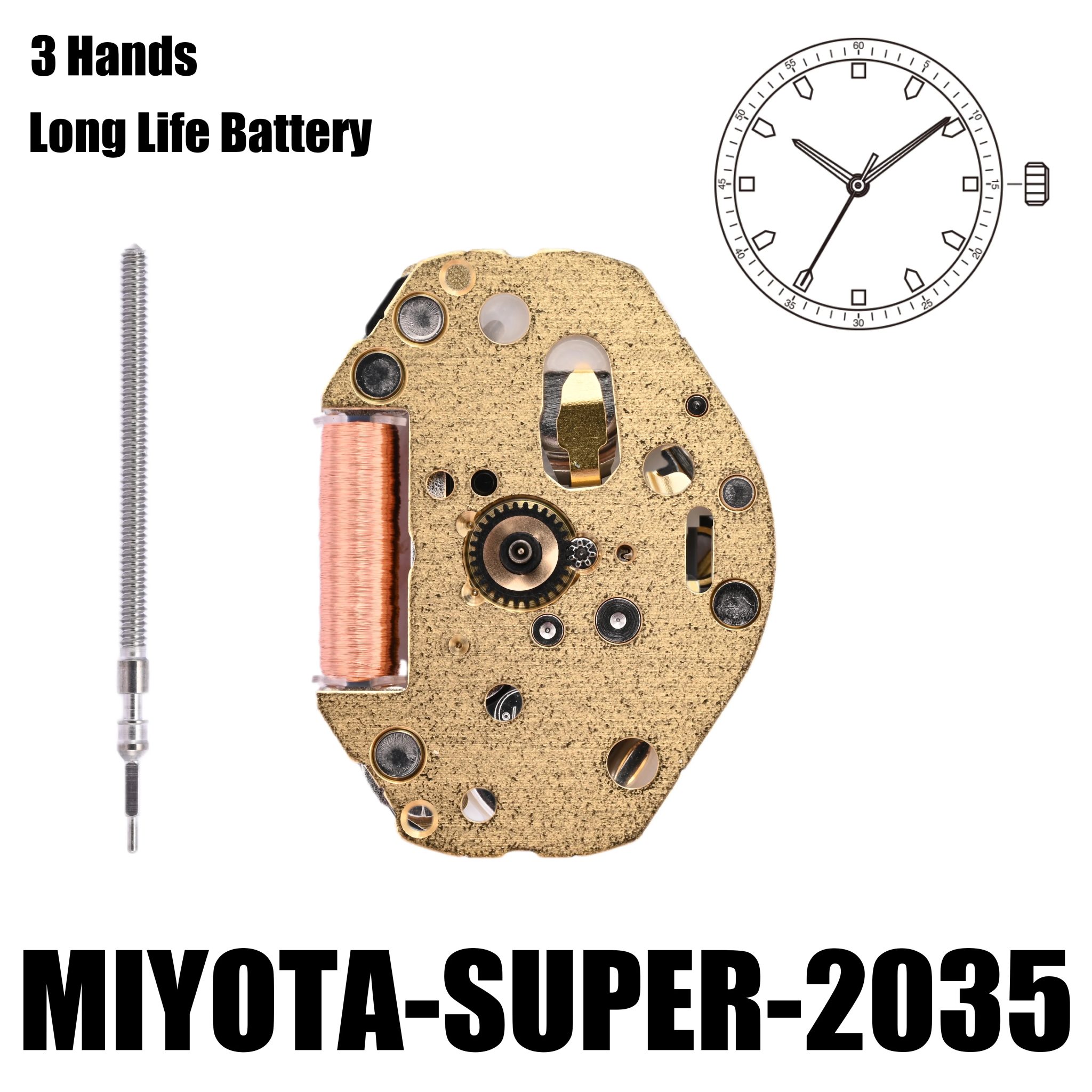 2035 Movement Miyota Super 2035 Movement Gilt 3 Hands Size:6 3/4×8'''Heigh:3.15mm-YOUR ENGINE- Metal Movement Made In Japan.