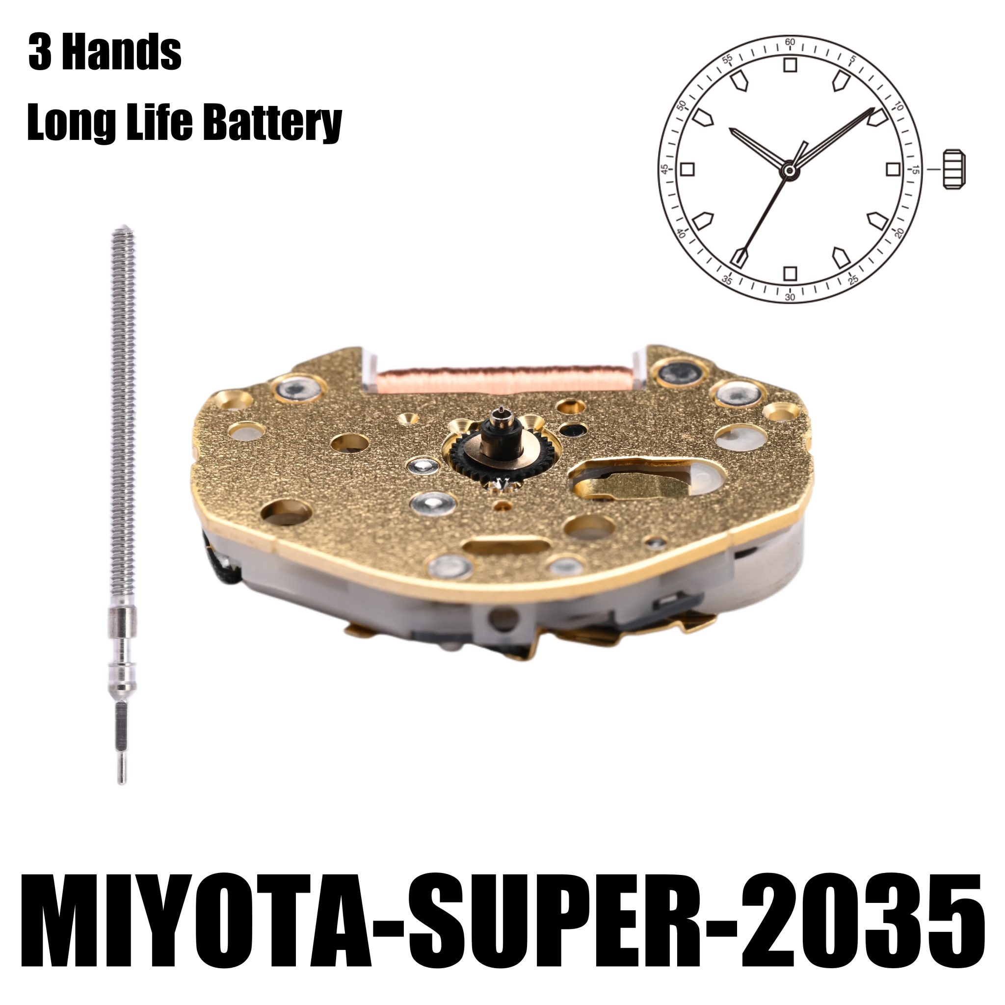 2035 Movement Miyota Super 2035 Movement Gilt 3 Hands Size:6 3/4×8'''Heigh:3.15mm-YOUR ENGINE- Metal Movement Made In Japan.