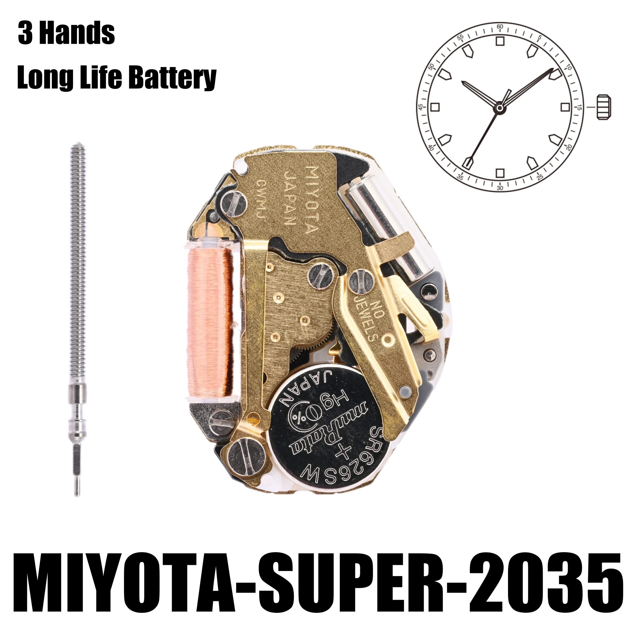 2035 Movement Miyota Super 2035 Movement Gilt 3 Hands Size:6 3/4×8'''Heigh:3.15mm-YOUR ENGINE- Metal Movement Made In Japan.