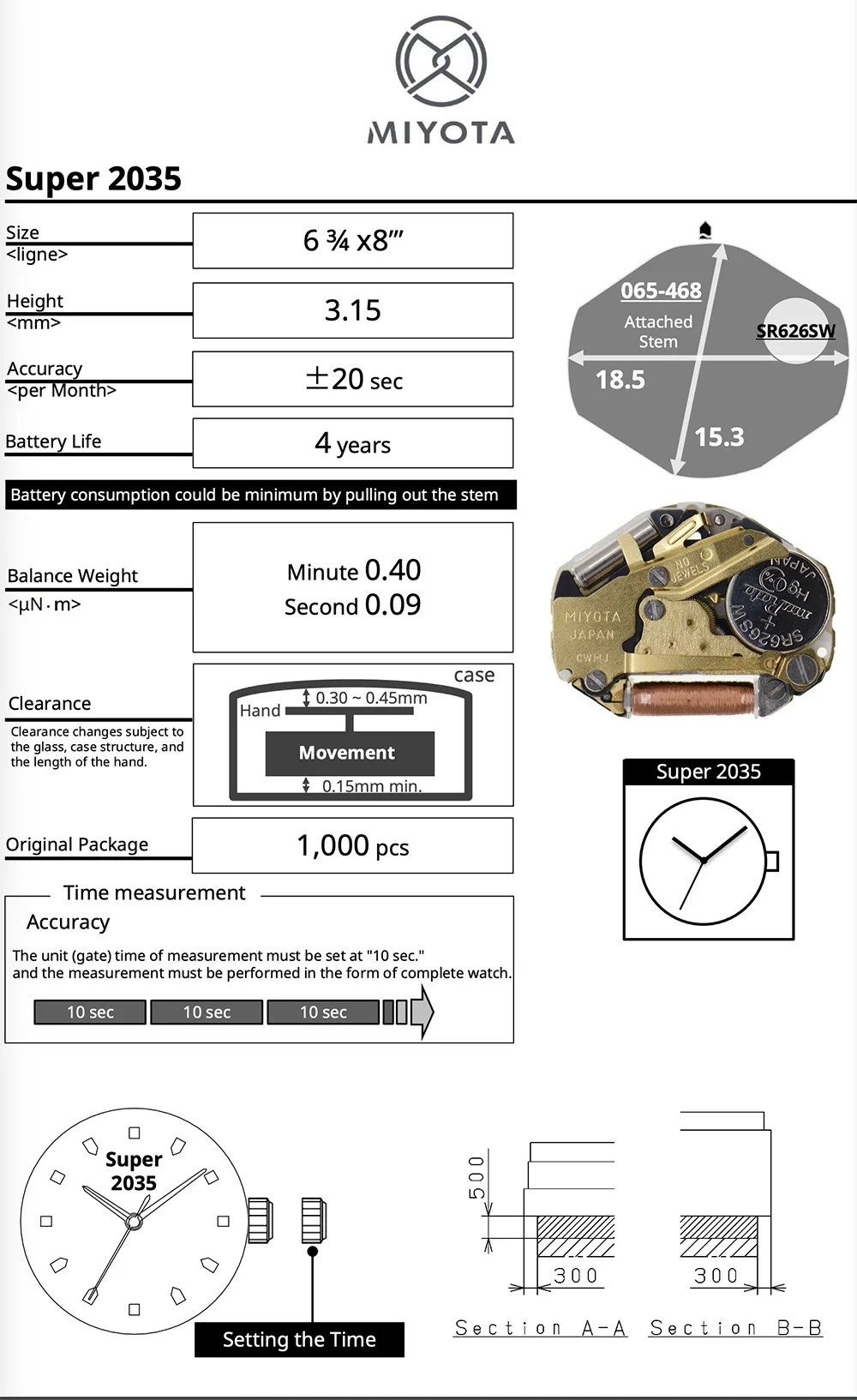 2035 Movement Miyota Super 2035 Movement Gilt 3 Hands Size:6 3/4×8'''Heigh:3.15mm-YOUR ENGINE- Metal Movement Made In Japan.